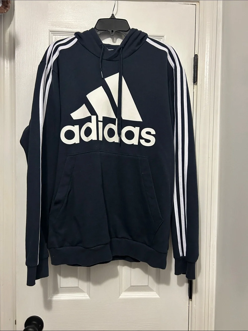 adidas Navy Hoodie with White Logo and Three Stripes